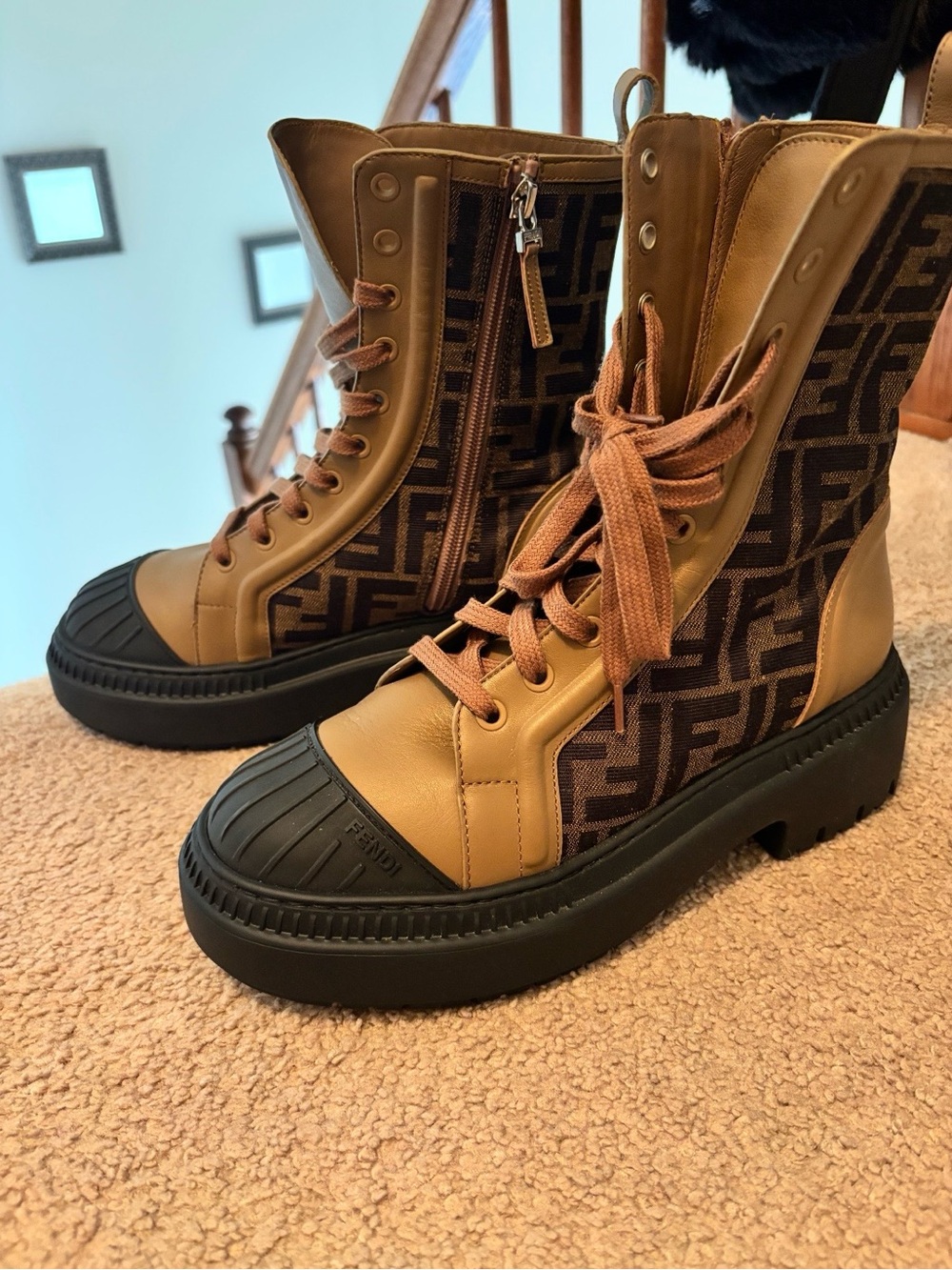 Fendi Tan and Black FF Logo Lace-Up Boots